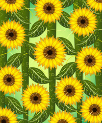 yellow sunflowers pattern. Abstract nature art leaf collage shape seamless pattern. Trendy contemporary cutout  Natural organic plant leaves artwork wallpaper print. Vintage botanical summer texture