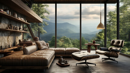 Fototapeta na wymiar Living room and nature view at home - Relax in the living room and the forest view is the backdrop