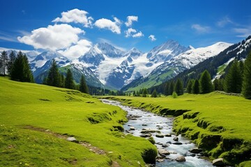 Fototapeta na wymiar A scenery of the alps with green meadows, flowers and snowy peaks. Generative AI
