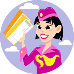 Smiling asian stewardess in burgundy uniform with tickets in hand. Image for an avatar or icon