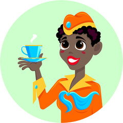 Smiling dark-skinned stewardess in orange uniform with a blue cup in her hand offers a hot drink