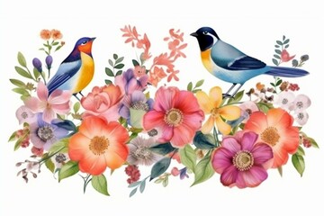 Fototapeta na wymiar Flowers and birds on a white background for postcards. Generative AI