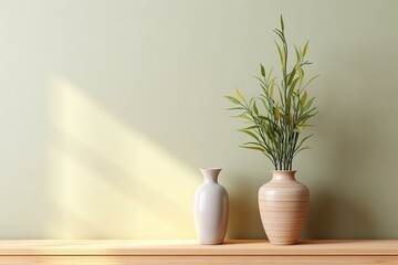 Wall mock-up with vase & green plant on wooden shelf in cream color. Generative AI