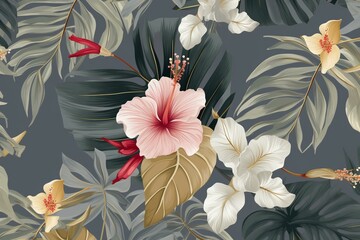 Glamorous tropical pattern featuring golden hibiscus flowers, vintage palm, and banana leaves on a grey background. Perfect for luxury wallpapers, cloth, and murals. Generative AI
