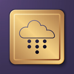 Purple Cloud with rain icon isolated on purple background. Rain cloud precipitation with rain drops. Gold square button. Vector