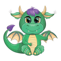 Cute cartoon green baby dragon with horns and wings. Symbol of 2024 according to the Chinese calendar