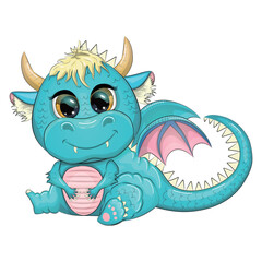 Fototapeta premium Cute cartoon blue baby dragon with horns and wings. Symbol of 2024 according to the Chinese calendar