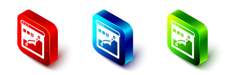 Isometric Histogram graph photography icon isolated on white background. Red, blue and green square button. Vector