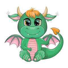 Cute cartoon green baby dragon with horns and wings. Symbol of 2024 according to the Chinese calendar