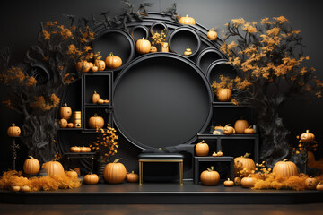 Halloween inspired empty display podium decorated with pumpkins and fall elements
