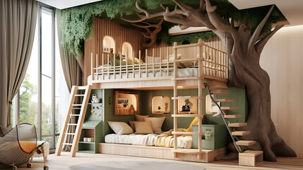 Experience the delight of a kids' room with this enchanting image. A playfully designed bunk bed takes center stage, resembling a treehouse with hidden nooks and climbing ropes.