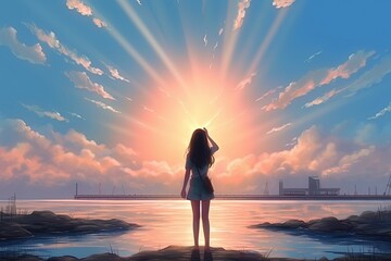 anime woman on the beach at sunset