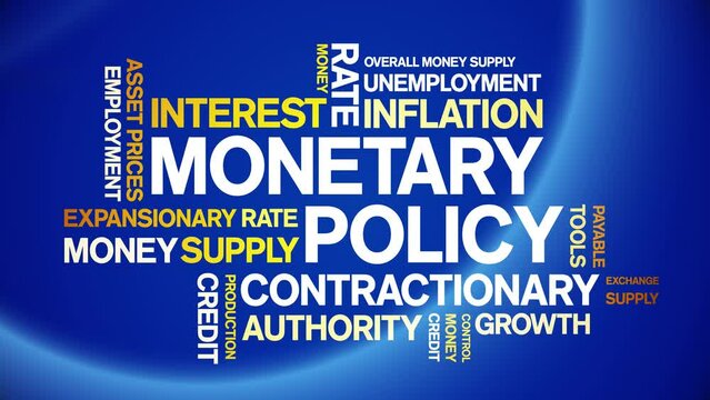 Monetary Policy animated tag word cloud;text design animation kinetic typography seamless loop.