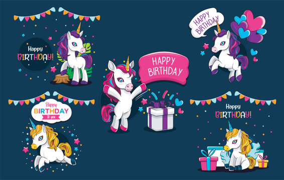 Cute Birthday Unicorns Character Set. Cute cartoon character unicorn. Unicorn and magic