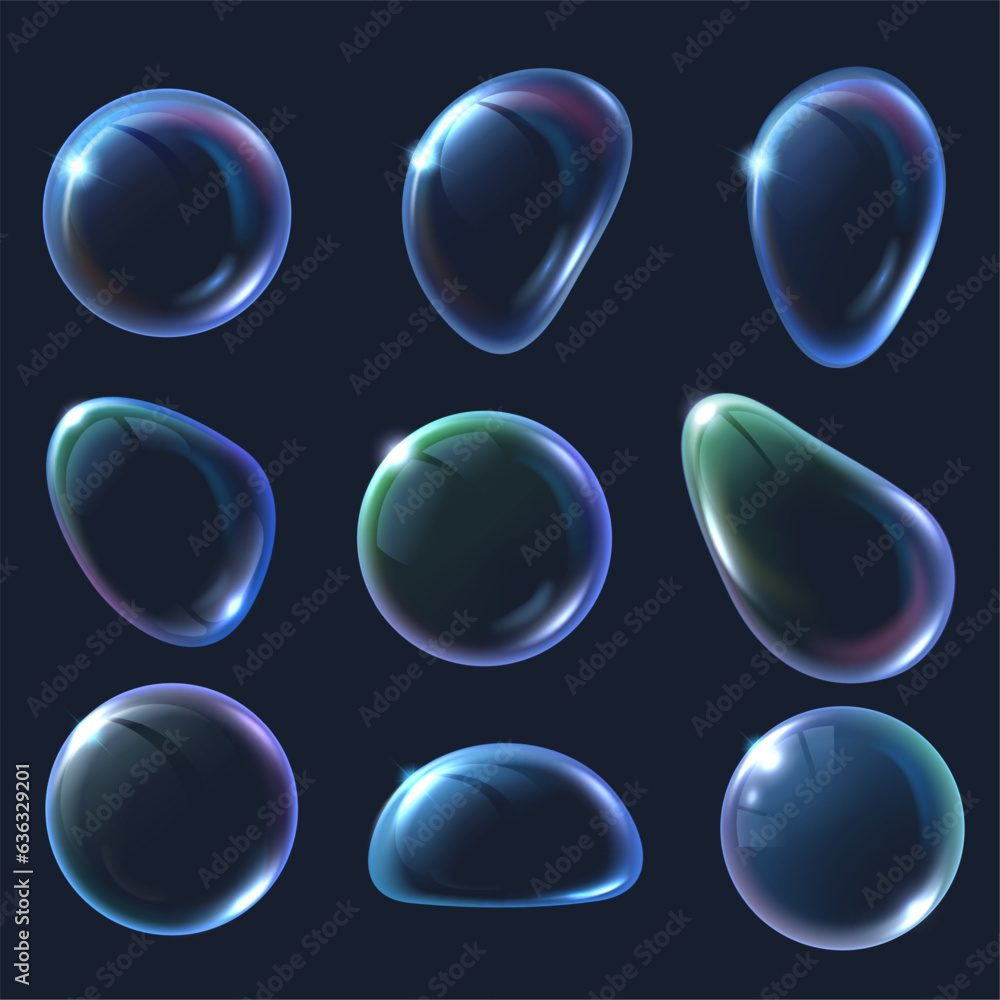 Poster realistic 3d soap bubble. soapy bubbles in various shapes, iridescent glossy sphere surface and abst