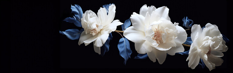 Elegant Beauty of White Flowers with blue leaves on a dark background, Floral Art , decor and vintage inspirations