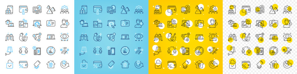 Vector icons set of Work home, Id card and Mobile inventory line icons pack for web with Chemistry beaker, Wholesale goods, Smartphone broken outline icon. Correct answer. Vector