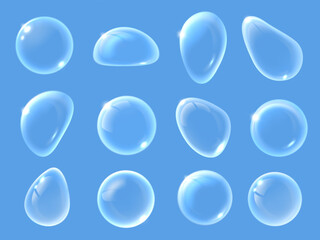 White soap bubbles. Close-up glassy and transparent water drops, abstract suds shapes and clean clear ball isolated macro vector illustration set