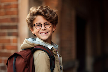 Funny little boy in glasses with backpack with brick wall background with copyspace. Elementary school. Education. Generative AI