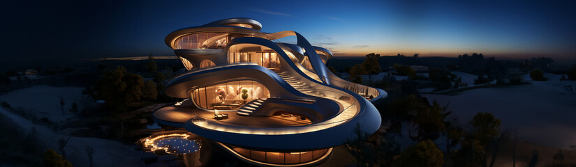 Hypermodernes weißes Haus im futuristischen Stil mit Wasser umgeben Querformat für Banner, ai generativ