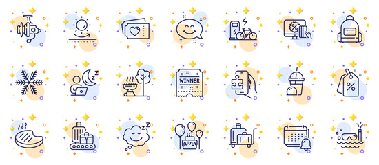 Fototapeta premium Outline set of Luggage trolley, Backpack and Grilled steak line icons for web app. Include Scuba diving, Discount tags, Ice cream milkshake pictogram icons. Winner ticket, Love tickets. Vector