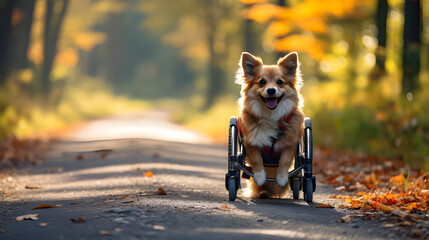 A dog in a wheelchair