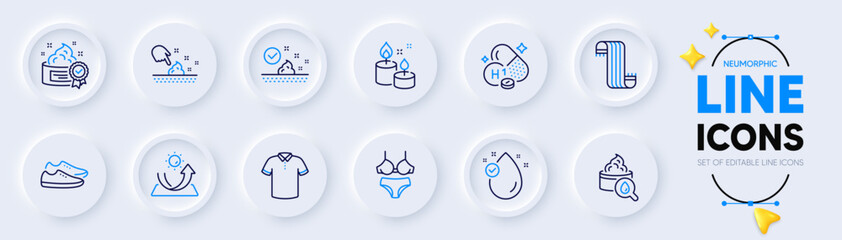 Skin care, T-shirt and Sun protection line icons for web app. Pack of Lingerie, Moisturizing cream, Vitamin h1 pictogram icons. Scarf, Vitamin e, Cream signs. Aroma candle, Shoes. Vector