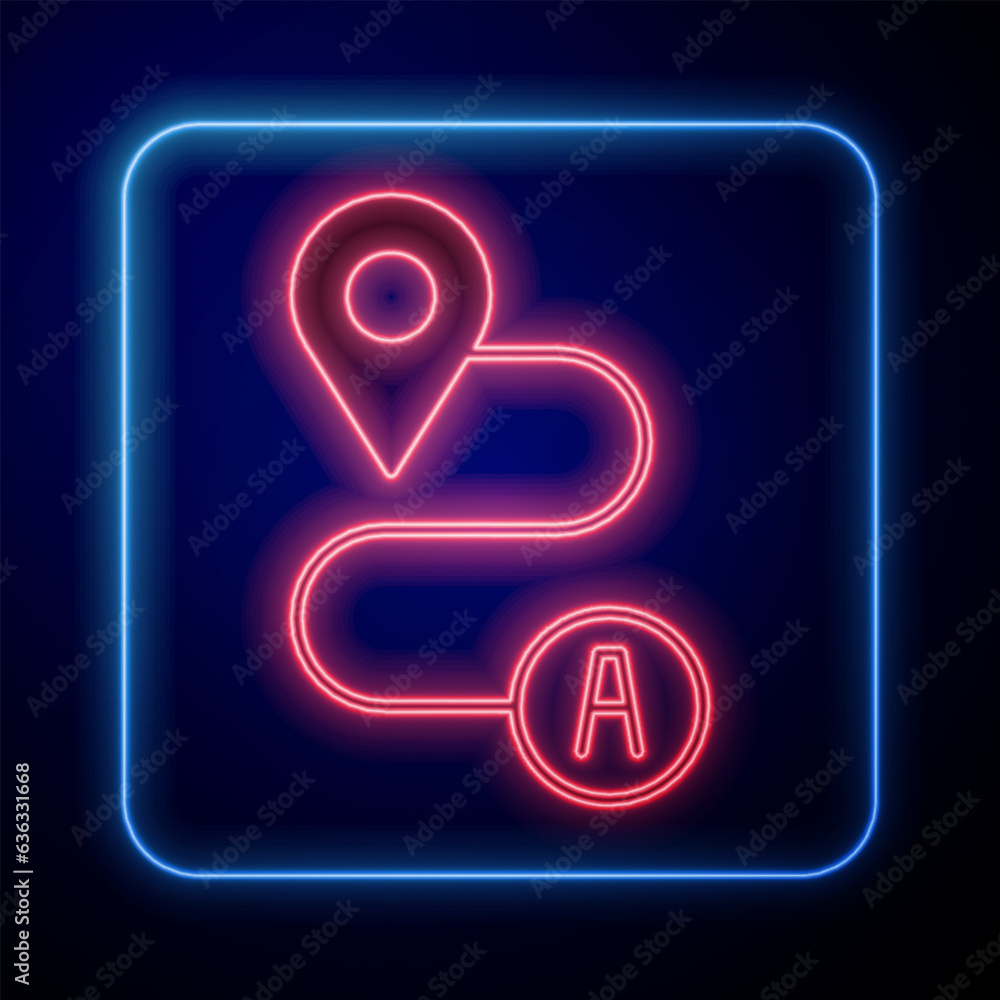 Poster glowing neon route location icon isolated on black background. map pointer sign. concept of path or 