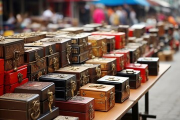 Imitation jewelry boxes sold in bustling Petaling Street, Kuala Lumpur. Generative AI - obrazy, fototapety, plakaty