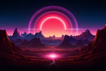 An otherworldly desert mountain landscape filled with vibrant neon celestial shapes and a radiant central halo circle. Generative AI