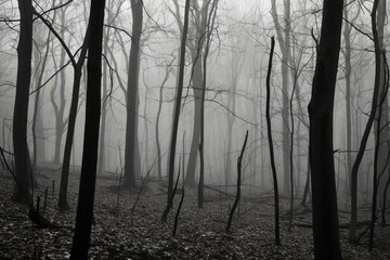 Eerie dark forest in shades of gray. Generative AI