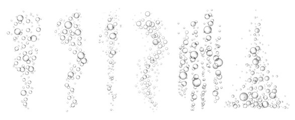 Carbonated water fizz bubbles. Underwater fizzing air scattered bubble flow for aerated sparkling drinks. Floating oxygen spheres visual effect vector illustration