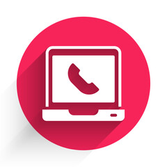White Telephone 24 hours support icon isolated with long shadow background. All-day customer support call-center. Full time call services. Red circle button. Vector