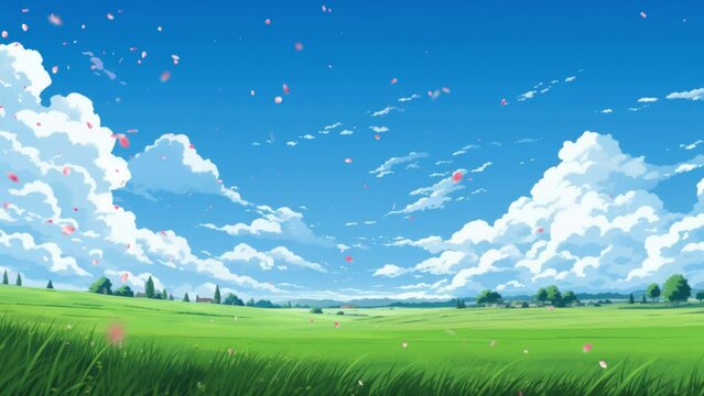 Sunny day weather on beautiful blue sky and green grass. Japanese anime watercolor painting illustration style. seamless looping video animated background.