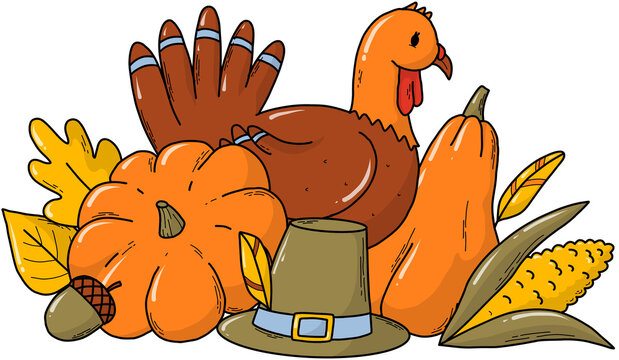 thanksgiving turkey, pumpkins, corn, hat, autumn harvest clip art preview