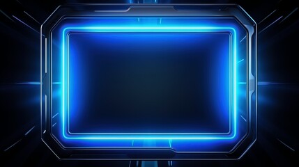 Modern futuristic abstract blue neon glowing light square frame on dark background.j