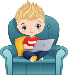 Vector Cartoon Cute Little Boy with Laptop
