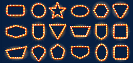Retro frames with lights. Vintage sign with light bulbs, different shape signboards and lightbox banner with lamps on frame vector set