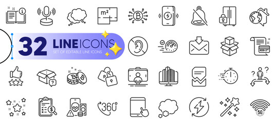 Outline set of Locks, Selfie stick and Renewable power line icons for web with Speech bubble, Talk bubble, Manual thin icon. Speedometer, Payment card, Mute pictogram icon. Microphone. Vector