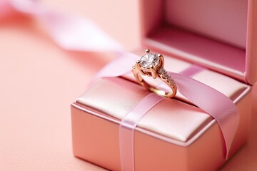 Gift box and engagement gold ring with diamond on pink pastel background. Wedding, romantic concept. Jewelry. Top view. Flat lay