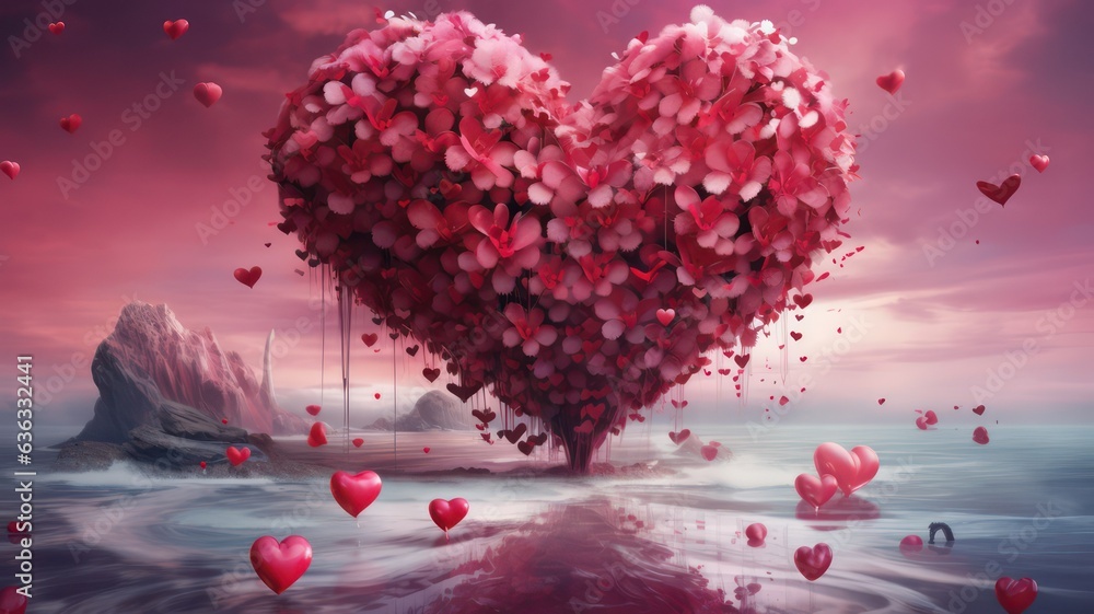 Poster love background with pink and red hearts created with generative ai