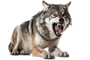 Growling aggressive wolf on a white background. - obrazy, fototapety, plakaty