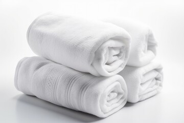 A set of rolled white towels on a white background.