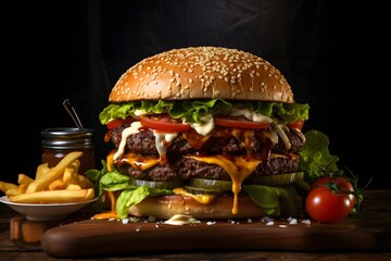 Big craft burger and french fries on wooden table on dark background. Street food