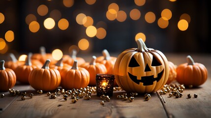 Halloween celebration pumpkin and chocolate candies on the table