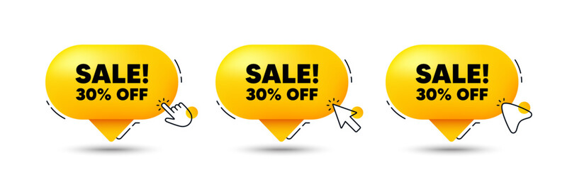 Sale 30 percent off discount. Click here buttons. Promotion price offer sign. Retail badge symbol. Sale speech bubble chat message. Talk box infographics. Vector