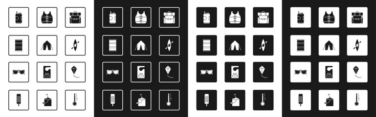 Set Hiking backpack, Tourist tent, Beach towel, Soda can, Kayak or canoe and paddle, Life jacket, Kite and Glasses icon. Vector