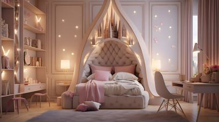 Witness the charm of kids' room architecture with this mesmerizing image. A princess-themed room enchants young hearts with a castle-inspired bed and regal accents.