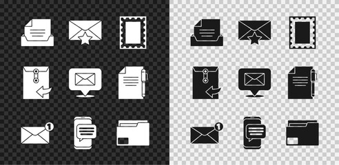 Set Drawer with document, Envelope star, Postal stamp, Chat messages notification on phone, Document folder, and Speech bubble envelope icon. Vector