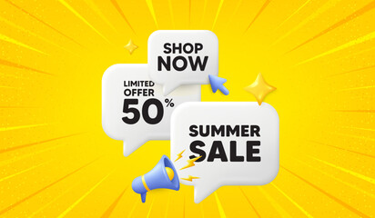 Summer Sale tag. 3d offer chat speech bubbles. Special offer price sign. Advertising Discounts symbol. Summer sale speech bubble 3d message. Talk box megaphone banner. Vector